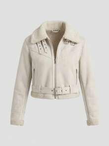 Women's Suede Jacket, Winter Jacket With Belt, Fashionable, Versatile, Elegant, Cold Weather - Blanco - Ver 5