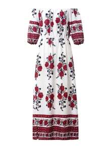 Women Floral Print Long Sleeve, 3/4 Sleeve Off-shoulder Side Split Dress for Summer - Flor - Ver 9