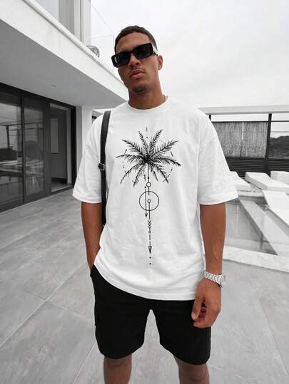  Fractyr Men Geometric Palm Tree Front And Back Print Oversized T-Shirt, Soft Touch White Minimalist Streetwear Casual Tee, Tropical Aesthetic Summer Top