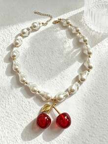 1pc Cherry Pendant Decorated Faux Baroque Pearl Necklace, Personalized Sweet Hip-Hop Style Suitable For Women, Daily Wear Or Party/Vacation - Multicolor - View 6