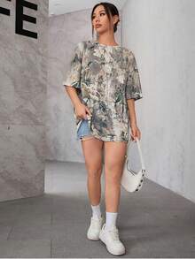 Women Camo Print Round Neck Short Sleeve Oversized T-Shirt, Casual Street Loose Fit Top - màu nâu - Xem 5