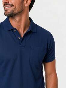 Men's Polo Shirt With Pocket - Navy Blue - View 2