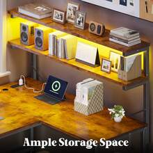 EnHomee 53"W Rustic Brown Home Office Computer Desk L Shaped Desk Gaming Desk Reversible With LED Light Power Port Shelf For Small Spaces - 查看 5