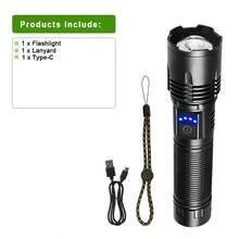500000LM Linterna LED de alta potencia portátil y recargable con batería incorporada, alcance de 1500M, linterna táctica para uso en exteriores - Negro - Ver 13