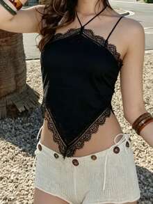 Women's Summer Halter Tops Stylish Lace Trim Solid Color Back Tie Triangular Hem Backless Sleeveless Vest - 黑色 - 查看 5