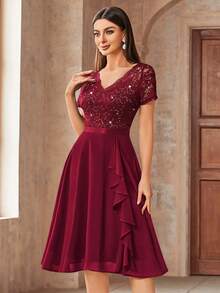 MIUSOL Váy dạ hội xòe cổ chữ V đính sequin ren hoa viền bèo voan chiffon, váy tiệc thanh lịch cho nữ, cho tiệc trang trọng, tiệc homecoming, lễ tốt nghiệp - Đỏ - Xem 5