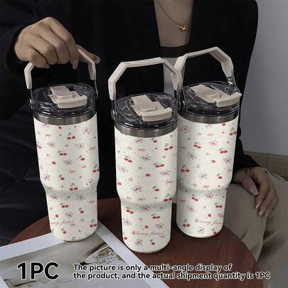 1/5 Pcs 30oz Cherry Floral Theme Stainless Steel Insulated Tumbler. With A Fresh And Sweet Girlish Style, It Keeps Drinks Hot Or Cold All Day. Equipped With A Portable Handle, It's Easy To Carry For Commuting, Outdoor Picnics, Office Or Campus Use. Durable For Various Daily Scenarios, The Full-Coverage Cherry, Floral And Bow Print Adds A Gentle And Lively Vibe, Making It An Ideal Gift For Lovers Of Cute And Feminine Styles.