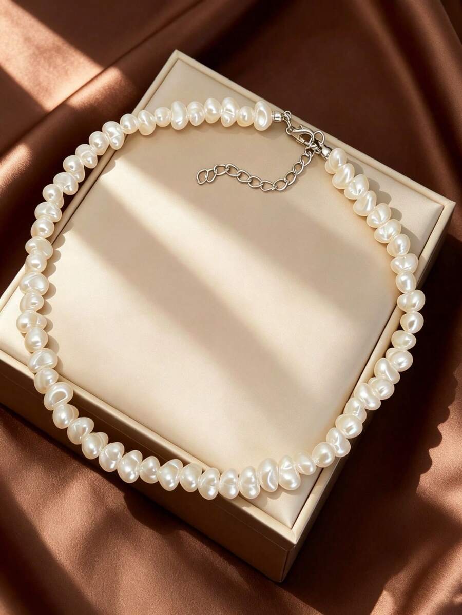 1 chiếc vòng cổ ngọc trai hình trái tim cổ điển đa năng mới, vòng cổ choker ngọc trai tối giản sang trọng, quà tặng cho bạn gái. - dây chuyền ngọc trai - Xem 1