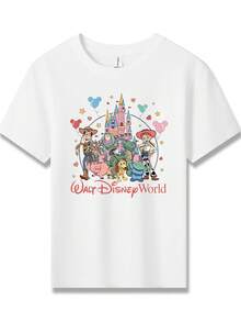 Disney Toy Story Characters And Castle Printed Pattern T Shirts For Girls Childrens Clothing Design Short Sleeved Casual And Cute Style Comfortable And Casual Wear All Year Round Suitable For Parties And Play Machine Washable Gift Childrens Clothing Girls Short Sleeved Shirts - trắng - Xem 2