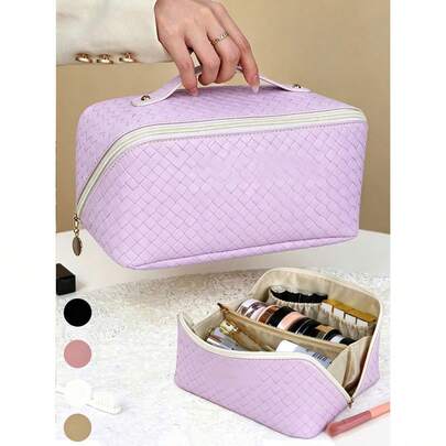 1 pieza Bolsa de maquillaje de viaje de piel sintética, organizador de cosméticos multifuncional con compartimentos, bolsa de aseo impermeable para cuidado de la piel, maquillaje, brochas, compactos, lápices labiales, adecuada para playa, escuela, baño, festivales, regalos de San Valentín y Navidad para familiares y amigos, esencial de verano