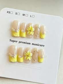 10pcs Handmade Medium-Length Coffin-Shaped Nail Stickers, Yellow Style, Nude Base With Yellow French Tips, 3D Floral Rhinestone Accents, Golden Spiral Decor, Cute Minimalist Design, Suitable For Women In Spring, Summer, Autumn, Winter, Parties And Daily Wear - Yellow - View 2