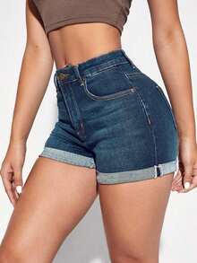 Shorts de jean ajustados de mujer, tiro bajo, con dobladillo enrollado y efecto desgastado – Ideal para verano y looks casuales - Amarillo - Ver 9