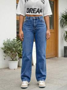 Plus Size Women's High Waisted Straight Leg Jeans Light Wash Denim Casual Streetwear Pants - 深色水洗藍 - 查看 3