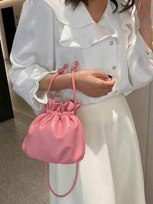 Cute Pink Ruched Drawstring Bucket Bag, Soft Cloud-Like Texture Mini Drawstring Pouch, Versatile Casual & Date Daily Wear Shoulder/Crossbody Bag For Girls - Pink - View 3