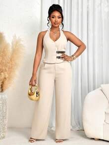 BIUBIU Conjunto de Dos Piezas con Cuello Halter Elegante para Mujer Talla Grande, Top sin Mangas y Espalda Descubierta con Detalle de Hebilla, Perfecto para Ocasiones Elegantes - Albaricoque - Ver 6