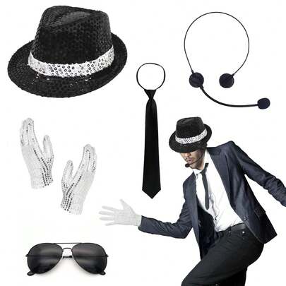 Set de 3 piezas/5 piezas "Music King" de accesorios de moda, que incluye sombrero, guantes con brillo y gafas de estilo. Adecuado para fiestas de adultos, despedidas de soltero, fiestas temáticas y disfraces de festivales de música