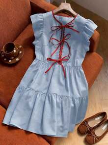 Vestido corto ajustado y acampanado con diseño de lazo y bordado de concha de color albaricoque para mujer, primavera/verano - Azul 2 - Ver 1