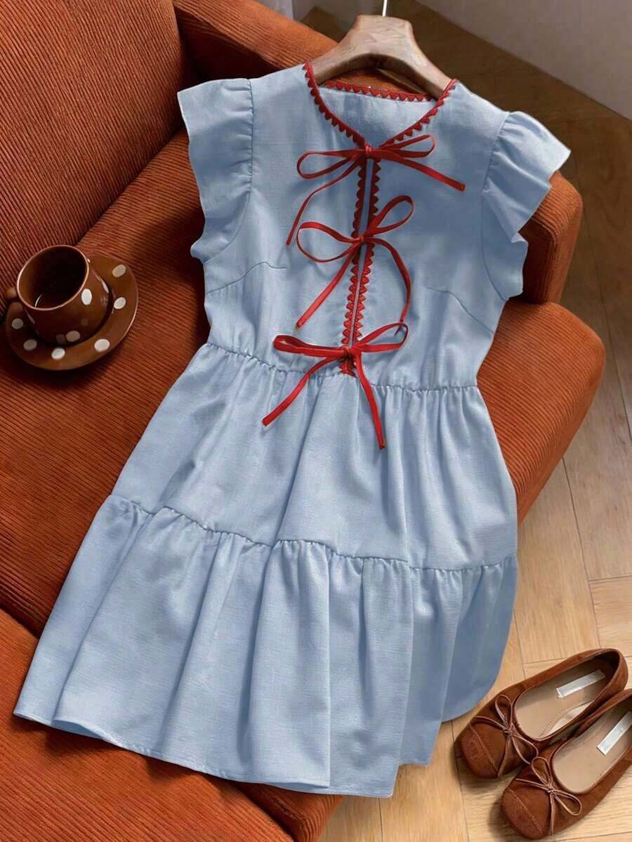 Vestido corto ajustado y acampanado con diseño de lazo y bordado de concha de color albaricoque para mujer, primavera/verano - Azul 2 - Ver 1