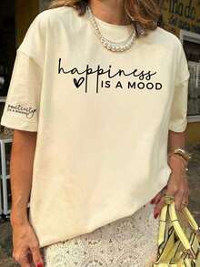 Casual Loose Fit T-Shirt: Short-Sleeved T-Shirt With A Simple And Cute Print, Casual And Versatile Style For Vacations, Round Neck, Loose Fit, Suitable For Everyday Wear And Holidays. Short-Sleeved Printed T-Shirt, Suitable For Everyday Wear In Summer, Suitable For Holidays Such As Valentine's Day, Back To School, Teacher's Day, Etc. Short-Sleeved T-Shirt With Letter Print, Soft, Loose And Comfortable, Relaxed Street Style And Versatile For Vacations - 杏 - 查看 3