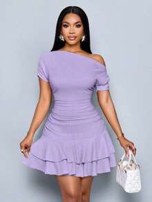 Vestido mini elegante de fiesta y día con cuello asimétrico, mangas largas, recogido y doble volante, de punto color albaricoque para mujer - Púrpura malva - Ver 1