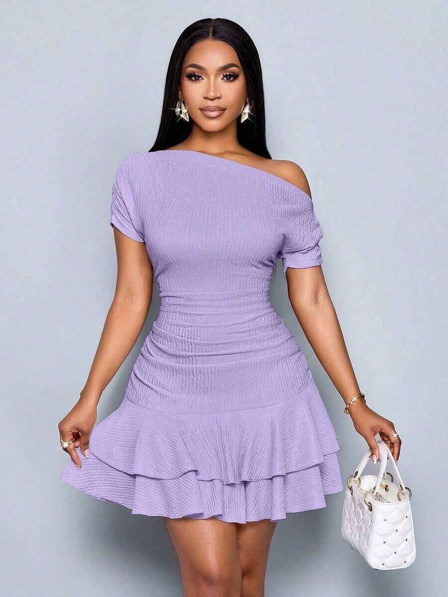 Vestido mini elegante de fiesta y día con cuello asimétrico, mangas largas, recogido y doble volante, de punto color albaricoque para mujer - Púrpura malva - Ver 1