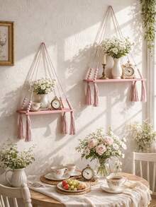 1pc/2pcs Bohemian Pink Tassel Beaded Hanging Shelf, Decorative Wooden Wall-Mounted Floating Storage Rack, Suitable For Bedroom, Living Room - Cute Boho Style Storage Rack, Can Hold Small Plants, Toys And Decorations, Woven Wall-Mounted Shelf - Bohemian Style Wooden Wall Hanging Shelf, Decorated With Wooden Beads, Farmhouse Style Floating Shelf, Country Style Hanging Plant Rack, Suitable For Bedroom, Living Room, College-Style Room Decor - Pink - View 5