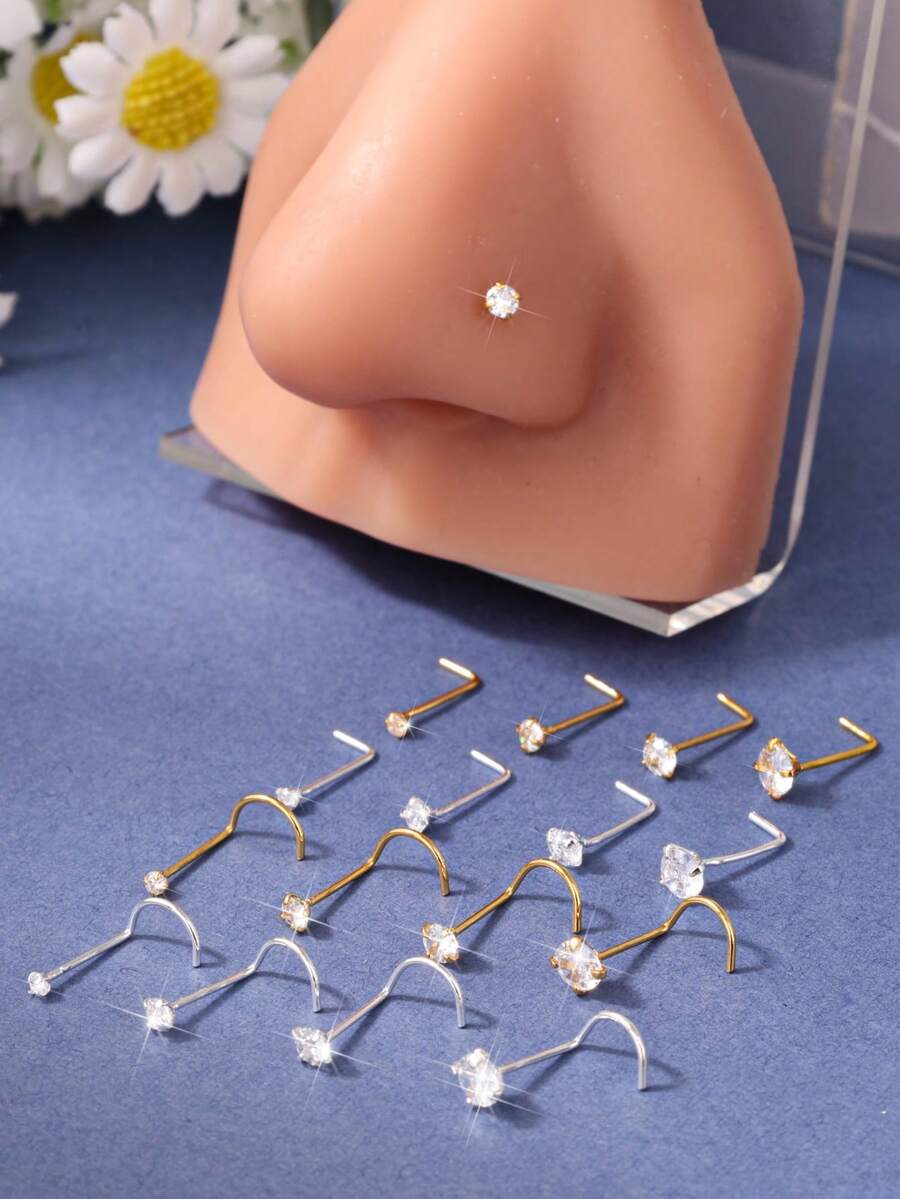 Bộ 5 khuyên mũi đính đá CZ trong suốt hình chữ L và khuyên mũi vít nhỏ 2-4mm dành cho nam và nữ - QUAY - Xem 1