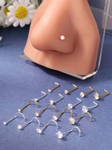 Bộ 5 khuyên mũi đính đá CZ trong suốt hình chữ L và khuyên mũi vít nhỏ 2-4mm dành cho nam và nữ - QUAY - Xem 9