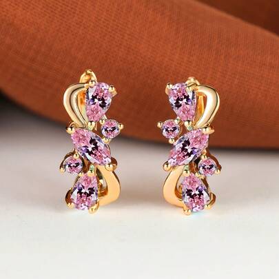 Vanel 1Pair Luxury Golden Earrings, Intricate Cascading Marquise CZ Setting With Curved Openwork, Fashion Jewelry For Women, Elegant Gift