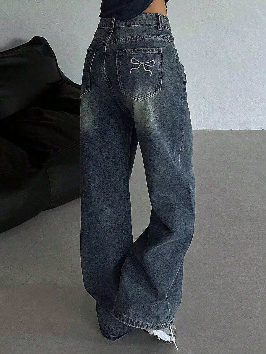 Pantalones Largos Vaqueros Mujer Azul Oscuro Desgastado Degradado, Corte Ancho Palazzo Holgado, Diseño Bordado Lazos En Bolsillo Trasero, Cintura Alta, Tejido Denim Suave Elástico, Estilo Dulce Y2K Casual Ideal Para Outfits Diarios Otoño Invierno - Azul lavado medio - Ver 1