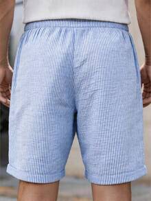 Quần short nam mùa hè dáng casual kẻ sọc, gấu quần xắn, cạp chun có dây rút. - Màu xanh lam - Xem 5