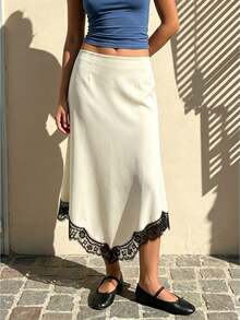 Women Midi Satin Skirt with Asymmetrical Lace Trim Elegant Slim Fit High Rise Skirts for Daily Party - Beis - Ver 1