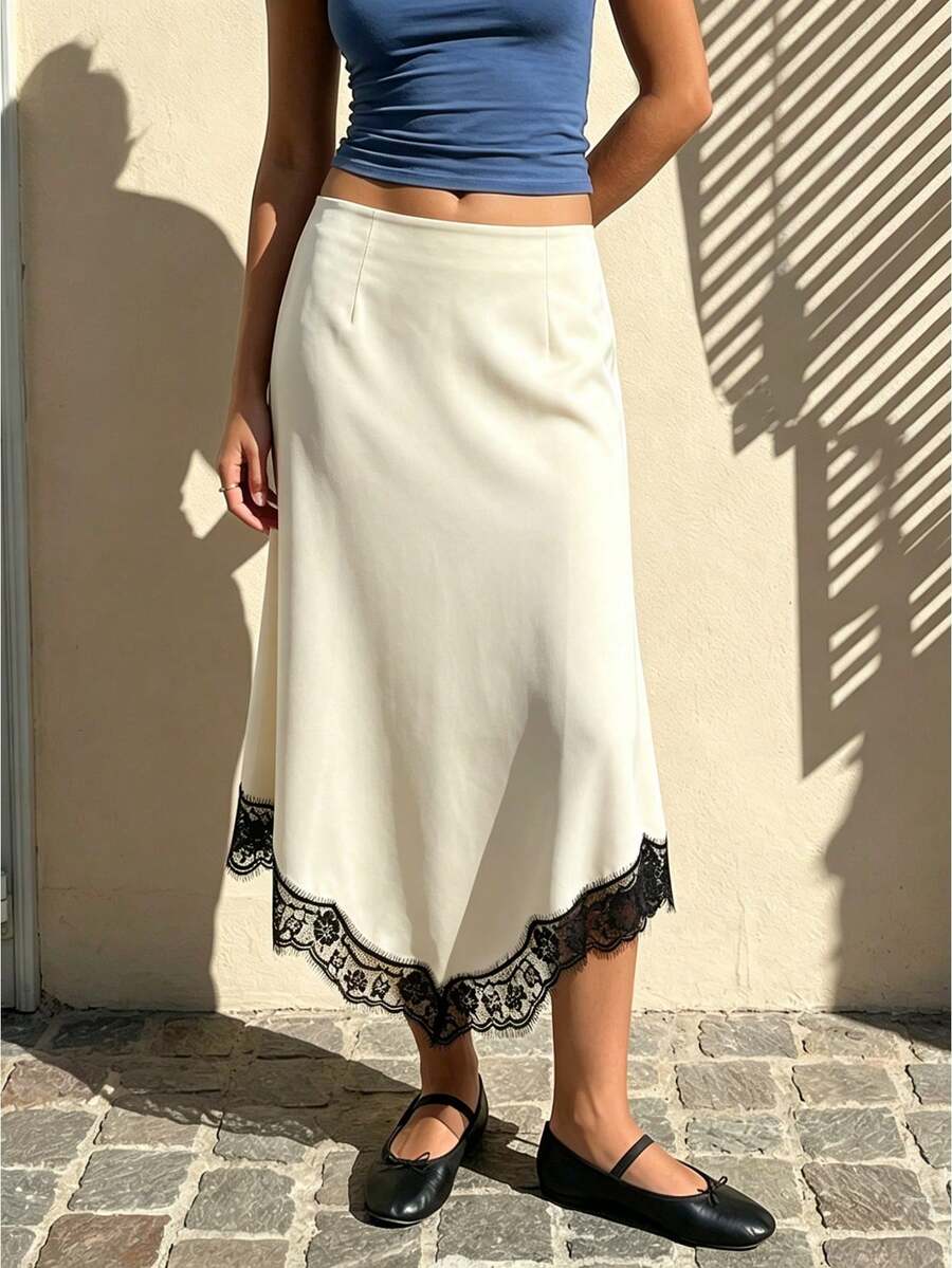 Women Midi Satin Skirt with Asymmetrical Lace Trim Elegant Slim Fit High Rise Skirts for Daily Party - Beis - Ver 1