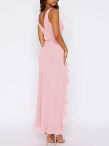 欧美风女装夏季新款荷叶边性感粉色连衣裙，百搭优雅派对晚礼服 - 淺粉 - 查看 5