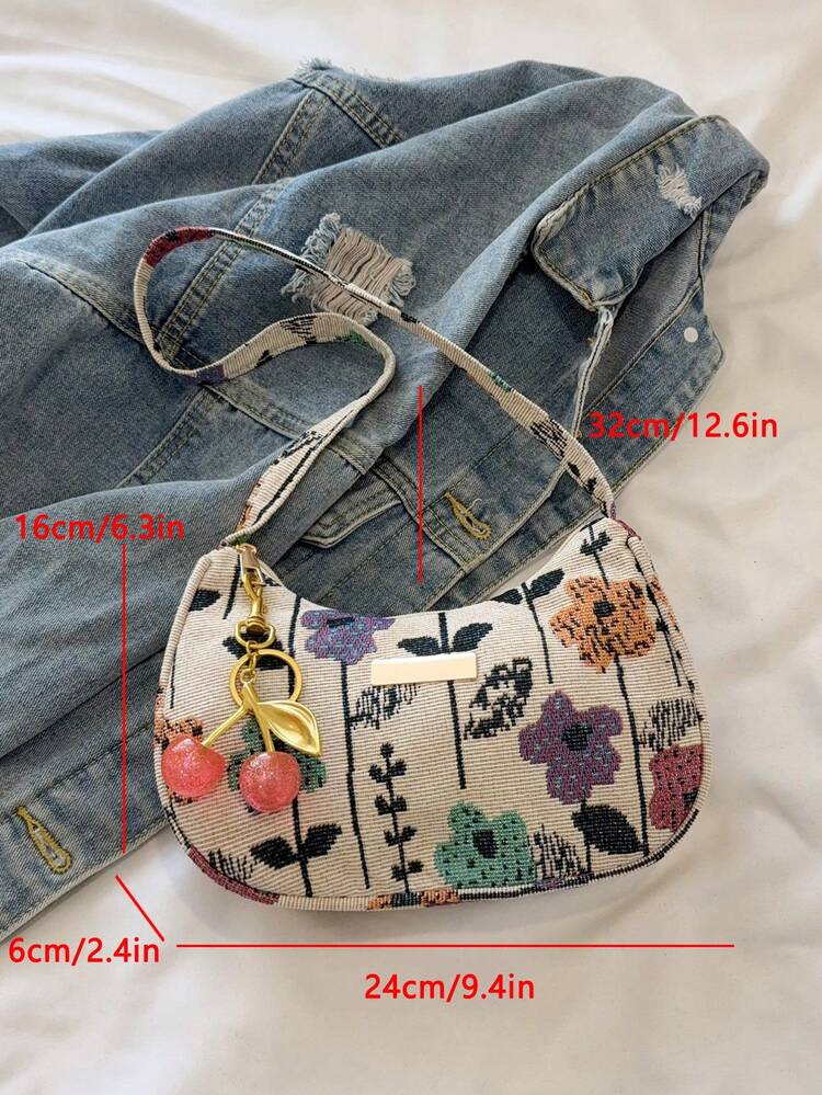 Fashionable Versatile Solid Color New Floral Print Shoulder Bag, Casual Minimalist Baguette Small Square Bag For Women - Beige - View 10