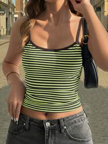 Vaiaye Women's Fashion Lingerie Style Top, Summer Striped Print Round Neck Slim Fit Casual Vacation Sexy Camisole, Suitable For Autumn Back To School, Beach And Daily Wear - Green - View 10