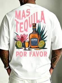 1 chiếc áo thun nam cỡ lớn cổ tròn tay ngắn in hình rượu tequila chanh, kiểu dáng thường ngày, thích hợp mặc trong mùa hè. - trắng - Xem 1