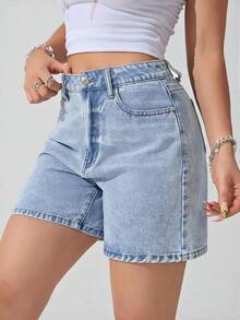Shorts vaqueros casuales y versátiles de unicolor para mujeres - Lavado ligero - Ver 4