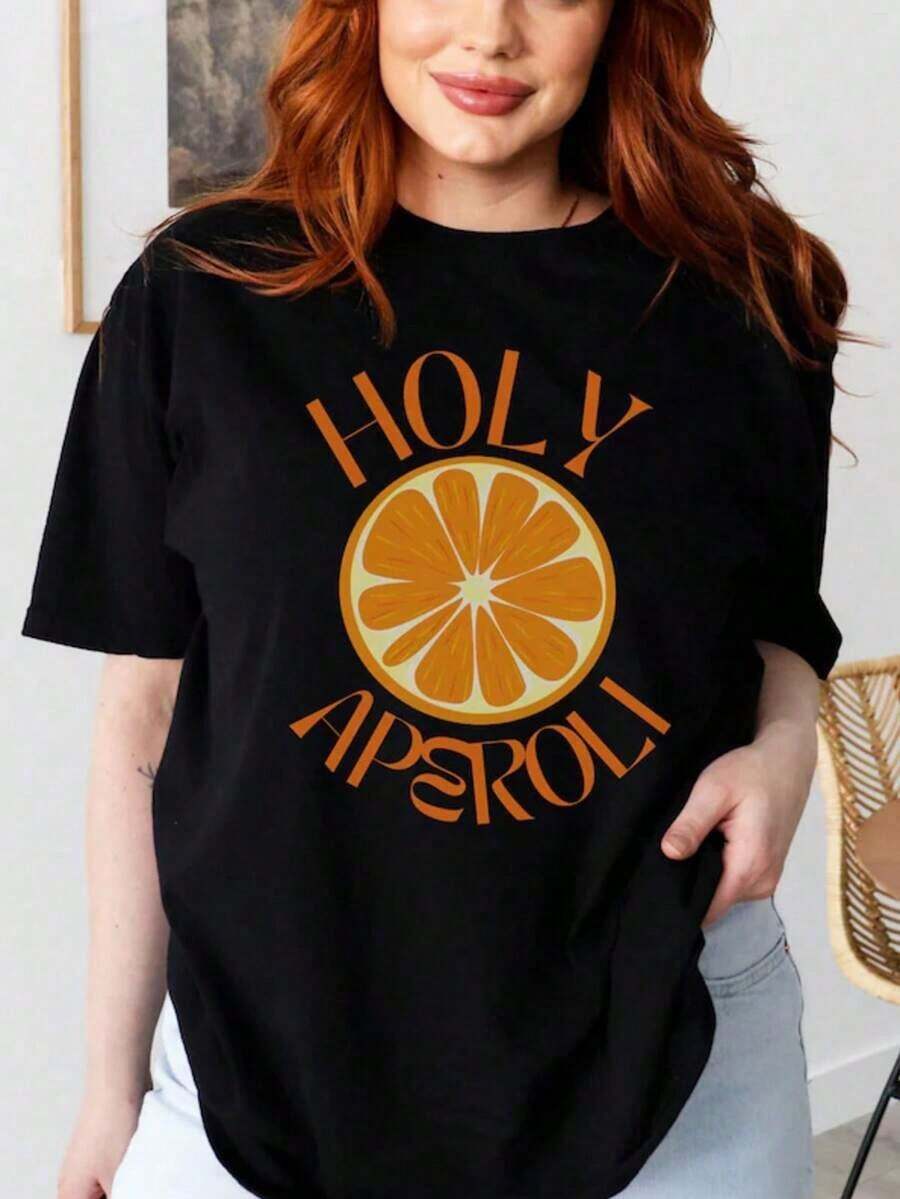Minimalist Simple LookSimple Fruit-Patterned Short-Sleeved T-Shirt, Cute Cocktail Style, Fashionable TopFashionable Vintage Inspired Women's Top - Black - View 1