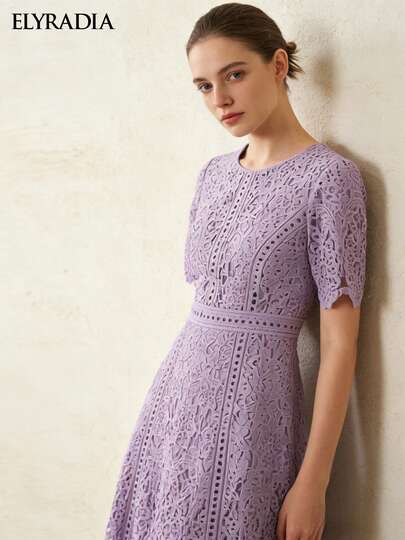 ELYRADIA Đầm midi tay ngắn ren thanh lịch dành cho nữ dự tiệc/đám cưới, đầm dự tiệc trang trọng.