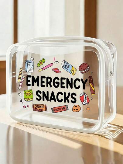 Emergency Snack" Letter Print PVC Makeup Bag, Zipper Sealed PVC Travel Organizer Pouch, Lightweight Fade-Resistant Cosmetic & Toiletry Bag Suitable For Women & Girls, TSA-Approved Portable Makeup Case, Easy-To-Clean Design, Great Gift For Mothers, Teachers, Friends, Nurses, Travel Essential Toiletry Bag, Waterproof Wash Bag