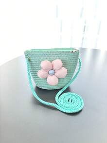 Handmade Woven Girl Flower Straw Bag Coin Purse Zipper Messenger Bags Photo Props Storage Basket Crossbody Handbag - A - View 5