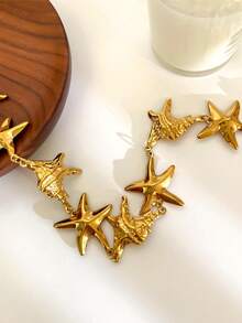 1pc Fashionable 18K Gold Stainless Steel Seashell & Starfish Design Layered Necklace, Waterproof For Beach & Holiday Wear - Gold - View 4