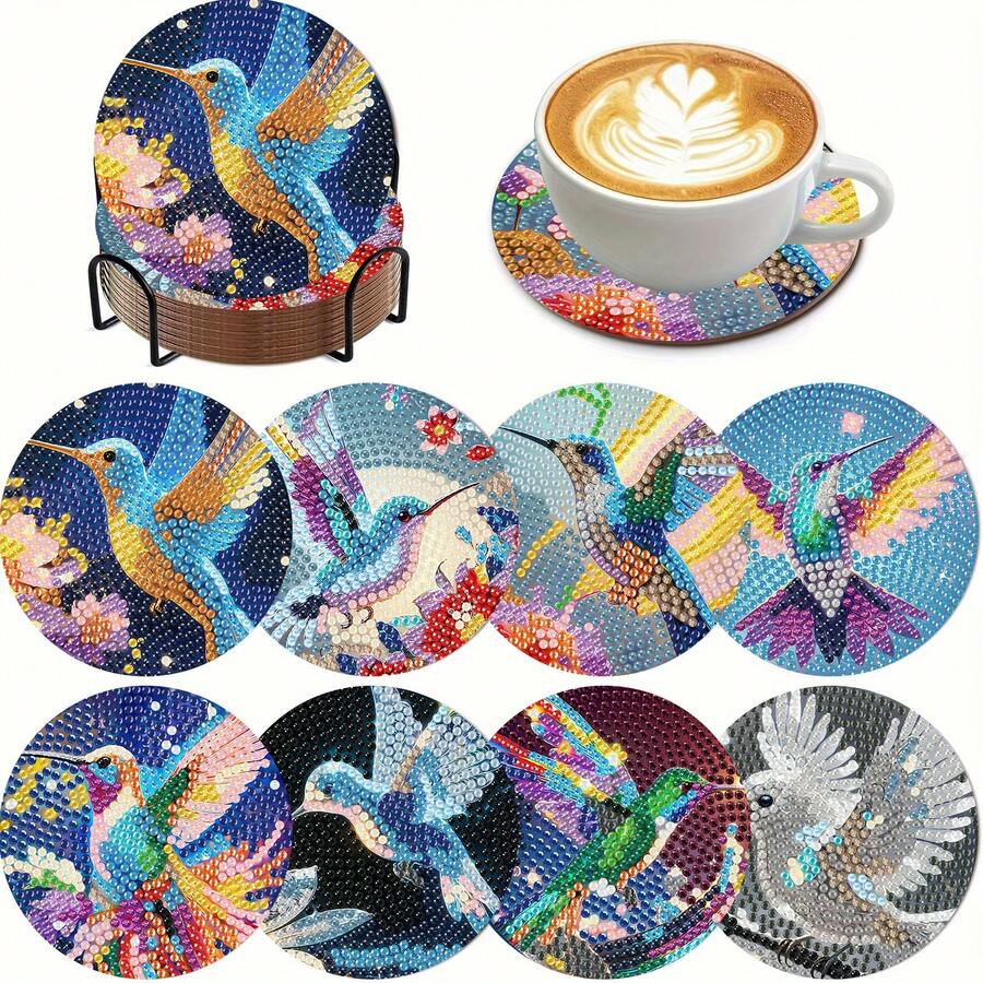 8件套钻石画杯垫套装，圆形闪亮钻石，全套工具，DIY手工制作，减压，创意礼物，适合春节、圣诞节、教师节、乔迁之喜，餐桌杯垫，咖啡桌杯垫