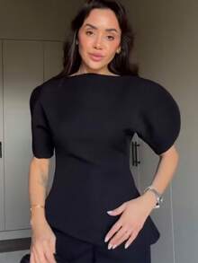 TF.MLN 女士春夏花瓣袖上衣，时尚不对称T恤 黑色 - 黑色 - 查看 3