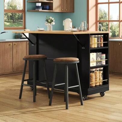 Moderne Kücheninsel, Küchenschrank, Buffetschrank, Speisewagen Mit Holzmaserung, Buffetschrank, Multifunktionale Esstisch Mit Speicherraum, Speisewagen Mit Stretchfunktionsschränken, Schwarz