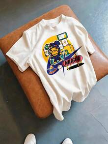 Tricou cu mânecă scurtă, casual, cu guler rotund și imprimeu grafic, croială lejeră, confortabilă și respirabilă, casual, stil stradal, ținută de zi cu zi pentru femei, vară - alb - Vizualizare 1