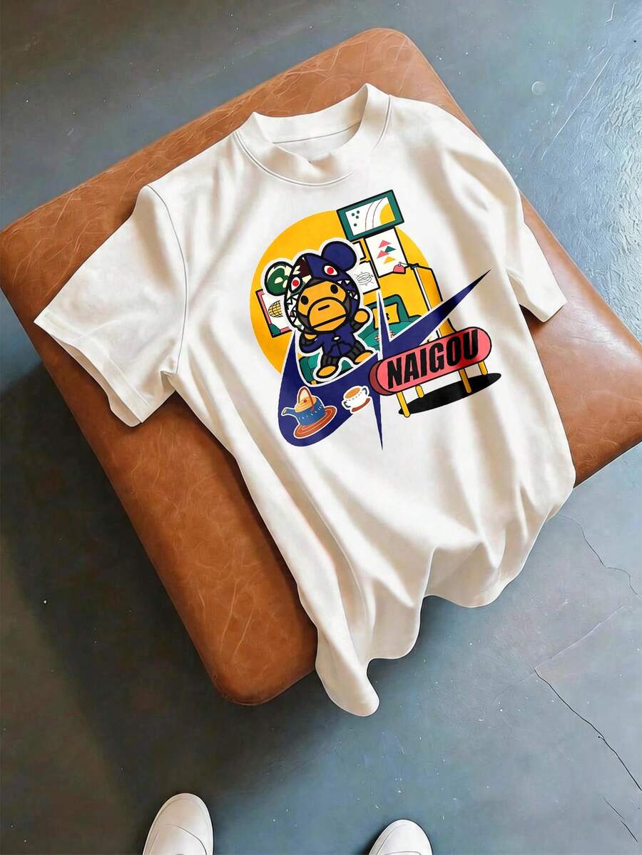 Tricou cu mânecă scurtă, casual, cu guler rotund și imprimeu grafic, croială lejeră, confortabilă și respirabilă, casual, stil stradal, ținută de zi cu zi pentru femei, vară - alb - Vizualizare 1