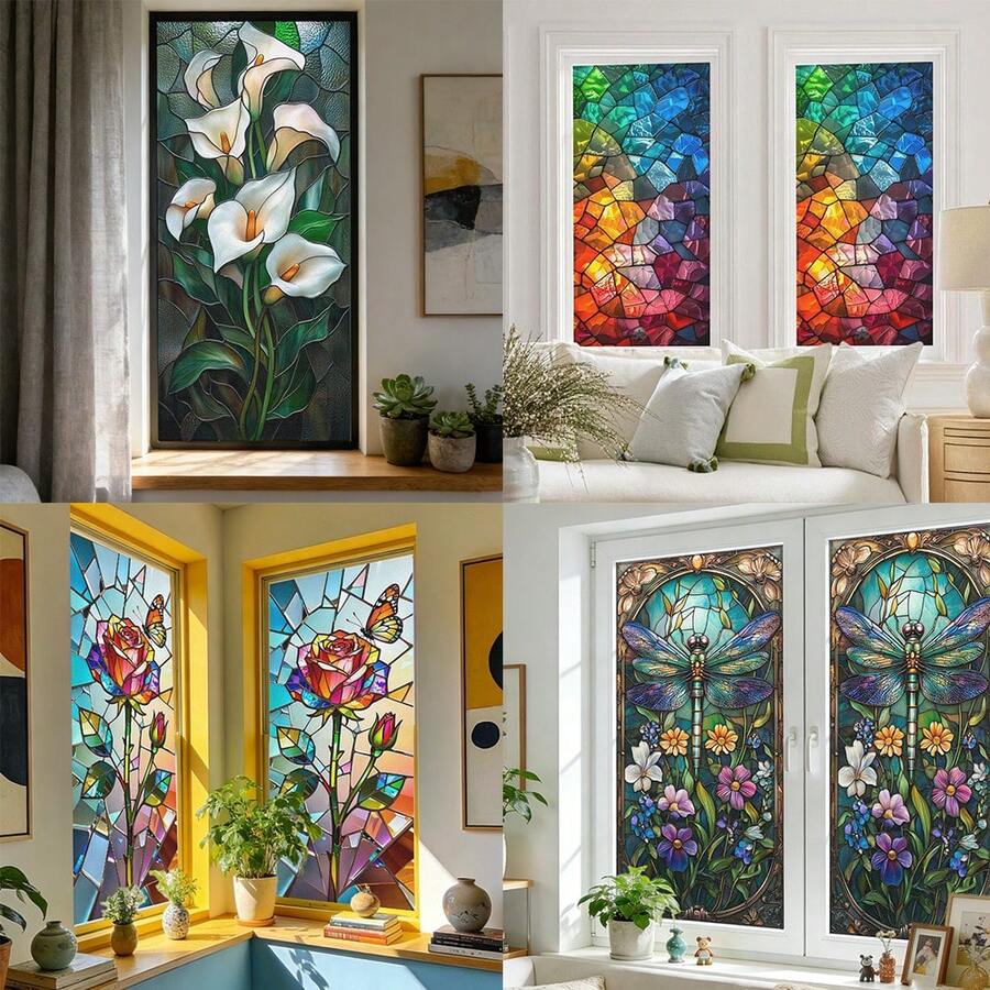 1 pieza Lirio, Rosa y Libélula Película de Vidrio Colorida, Adhesivo Decorativo de Ventana con Protección de Privacidad de Adherencia Estática, Adecuado para Baño, Sala de Estar, Dormitorio, Oficina