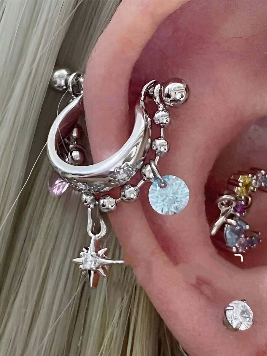 1pc 316L Stainless Steel Star Cubic Zirconia Dangle Ear Cuff, Y2K Punk Style Ear Cartilage Piercing Jewelry For Women - 多色 - 查看 1